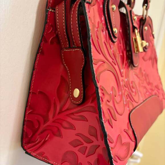 Madi Claire Red Embossed Genuine Leather Satchel Handbag With Feet - Picture 5 of 8